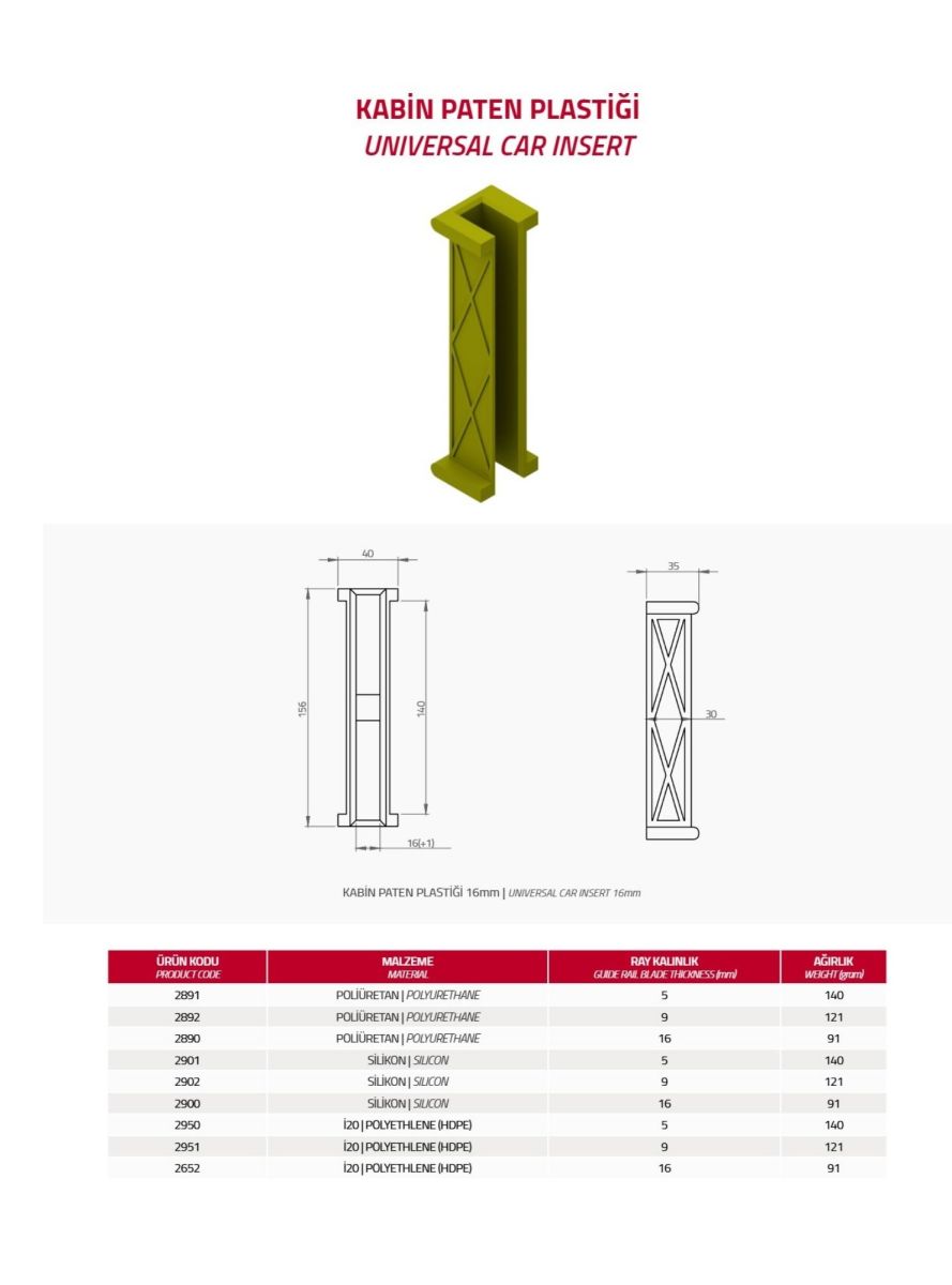 DÖKÜM KABİN PATEN PLASTİĞİ 16 mm / POLİÜRETAN / KIRMIZI